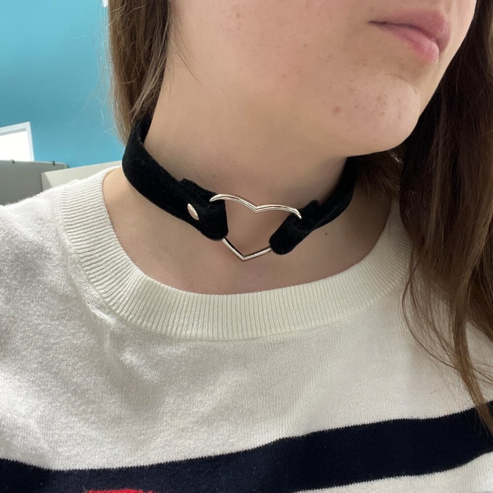 Soft black heart choker with metal belt closure